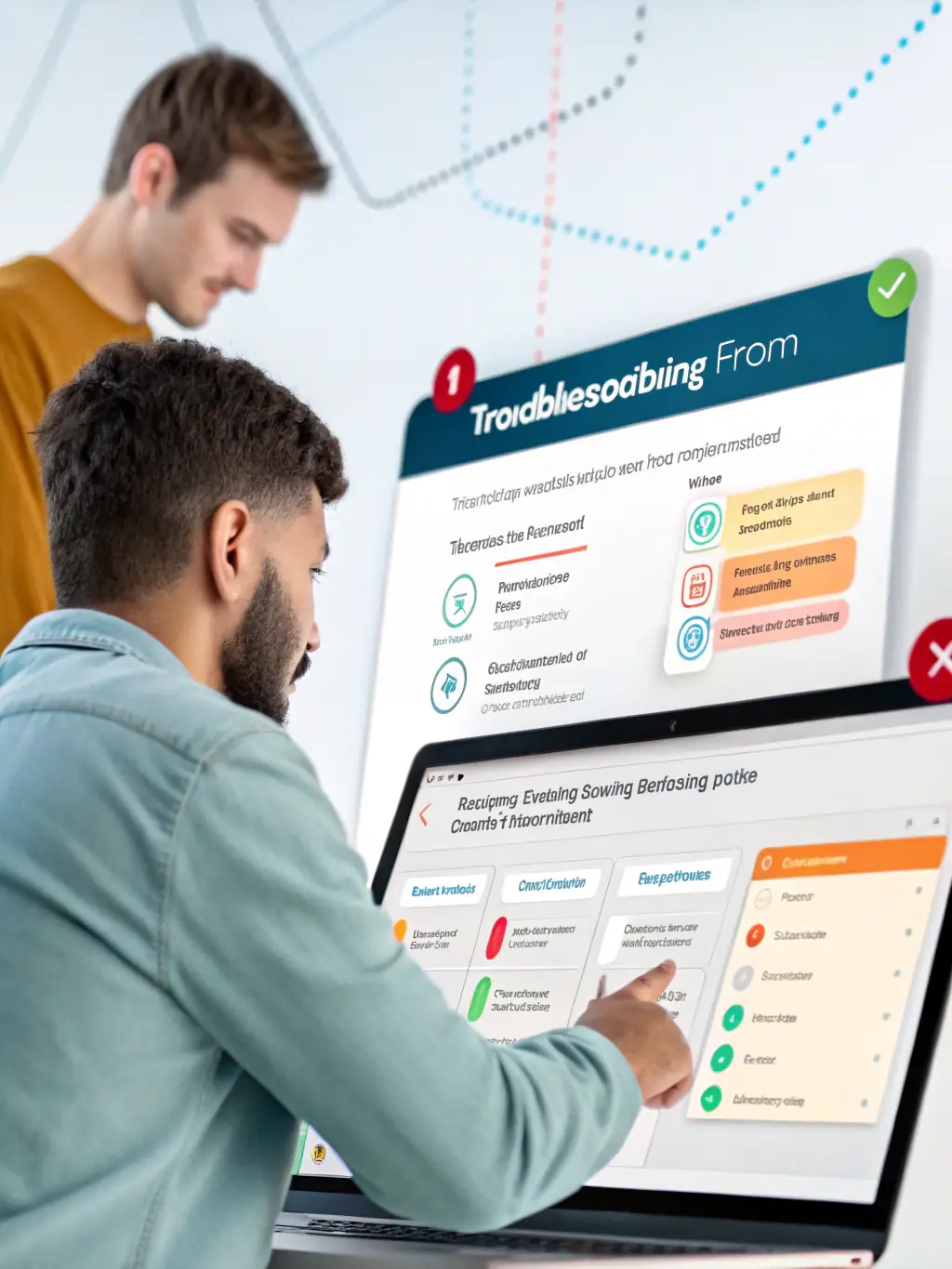 A visual of an AI assistant troubleshooting a network issue, with step-by-step guidance and real-time status updates, highlighting instant problem resolution.